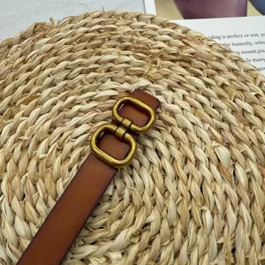Brown leather belt vintage style women waistband with stylish gold double buckle detail