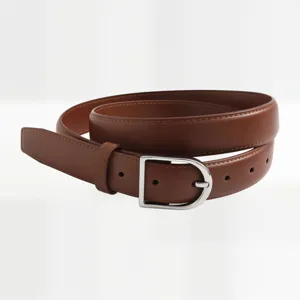 Elegant brown leather belt for women with silver metal buckle and contrast stitching detail.