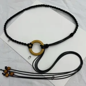 Bohemian Vintage Waist Chain For Women Handmade Woven Wax Cord Wooden Ring Tassel Belt Dress Accessories