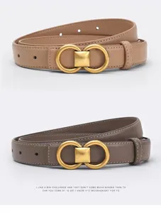Women genuine leather belt with stylish gold double ring buckle elegant waist accessory for dress