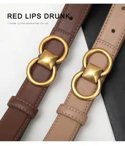 Women genuine leather belt thin fashion waist strap with metal double ring buckle for dress