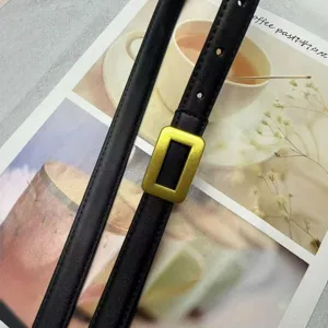 Women thin black leather belt with gold rectangular buckle stylish minimalist fashion chic