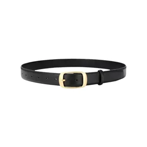 Women black leather belt with gold pin buckle, stylish minimalist design for jeans and dresses.