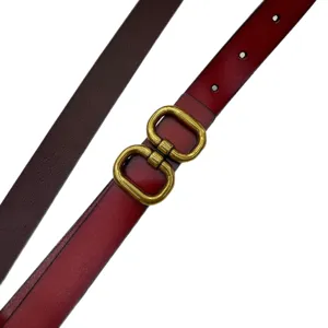 Burgundy leather belt for women with vintage gold buckle stylish daily waist accessory
