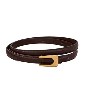 Elegant dark brown genuine leather thin belt with gold buckle for women casual dress jeans.