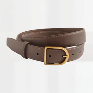 Detail view of brown leather belt with gold buckle and stitching. Perfect accessory.