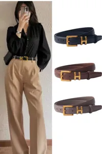 Women genuine leather belt with stylish H metal buckle, versatile accessory for jeans and suits.