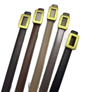 Women thin leather belt with gold square buckle minimalist versatile dress jeans accessory