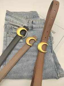 Women leather belt with gold crescent moon buckle stylish waist strap for jeans and dresses