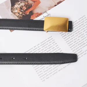 Close-up detail of black leather belt with gold metal buckle, casual design for jeans daily wear.