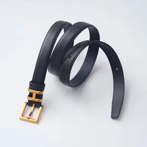 Elegant black leather belt for women featuring a stylish gold H metal buckle design.