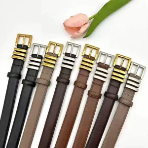 Detail shot of women's genuine leather thin belt with stylish metal buckle in multiple colors.