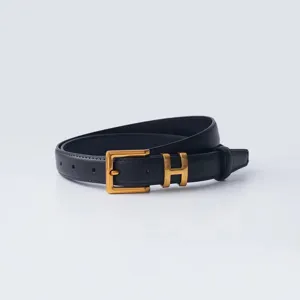 Women genuine leather belt featuring a stylish gold-tone metal H buckle for casual wear.