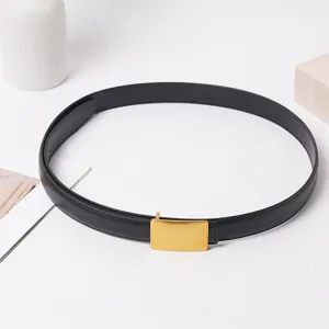 Black leather belt for women with elegant golden metal buckle casual jeans accessory