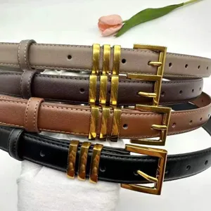 Women's genuine leather belt set with stylish metal square buckle and decorative loops for jeans.