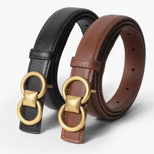 Women leather belt set with vintage gold metal buckle for dresses jeans black and brown