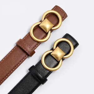 Women's thin leather belt stylish dress waist belt with classic metal double ring buckle.