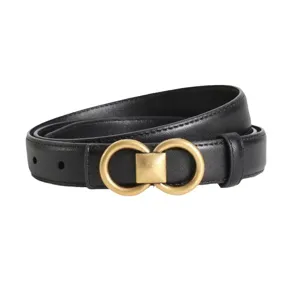 Classic black leather women's belt with stylish gold double ring buckle main view
