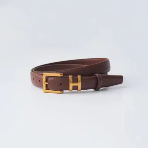 Women brown leather belt golden H buckle fashion stylish casual dress jeans accessory new