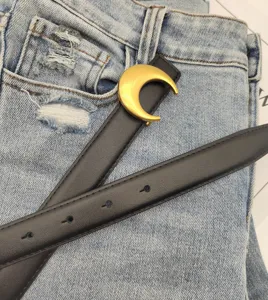 Women's genuine leather belt with stylish gold crescent moon buckle for jeans and dresses.