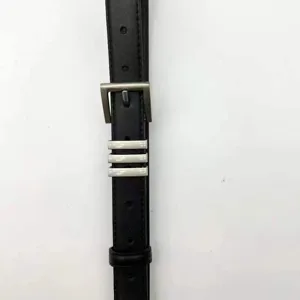 Black leather belt for women with silver buckle and metal loops detail fashion accessory.