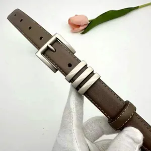 Closeup view of the elegant brown leather women belt featuring silver metal buckle and loops.