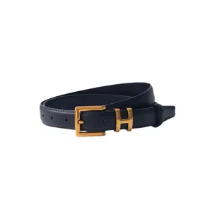 Women genuine leather belt with gold H buckle, classic versatile fashion waist belt for jeans.