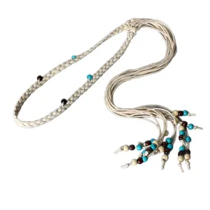 Bohemian handmade braided wax rope waist belt with beads for women ethnic clothing accessory.