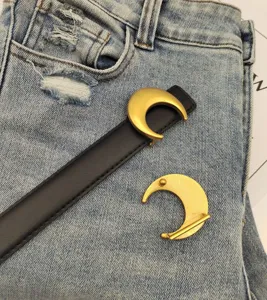 Women genuine leather belt with stylish gold crescent moon alloy buckle for jeans dresses suits.
