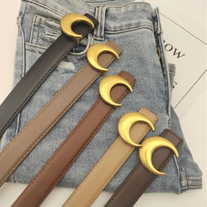 Women genuine leather belt set with stylish gold crescent buckle for jeans and dresses chic.