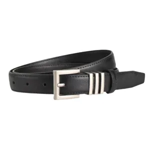 Black genuine leather women belt with silver buckle and stylish metal loops for daily wear.