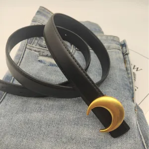 Women black leather belt with gold crescent moon buckle stylish waist belt for jeans dresses