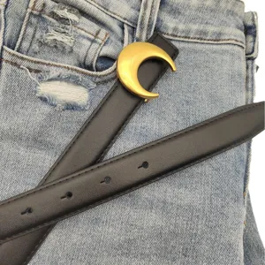 Women genuine leather belt stylish black waist belt with gold crescent moon metal buckle for jeans