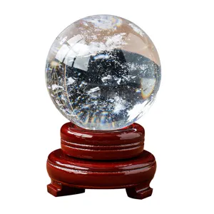 Natural crystal sphere ornament with wooden base feng shui home office decor clear quartz