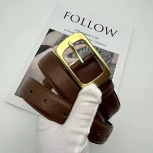 Women genuine leather belt with metallic square buckle fashion casual waist accessory