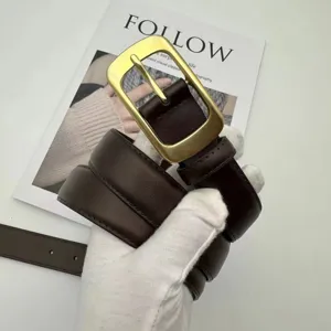 Dark brown genuine leather belt for women, elegant brass pin buckle, minimalist daily detail view