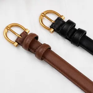 Women thin leather belt with gold round buckle, stylish casual waist strap for jeans daily wear.