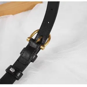 Women thin black leather belt with gold metal buckle casual waist strap for jeans dress stylish