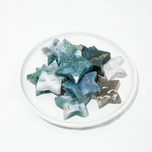 Natural Green Moss Agate Star Five-Pointed Star DIY Carving Stone Desktop Ornament Healing Crystal Stone Decoration