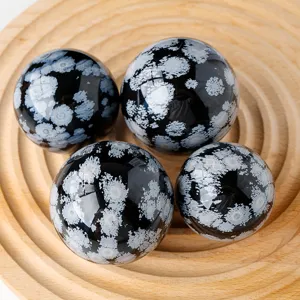 Natural snowflake obsidian crystal sphere polished gemstone home office desktop decor ornament set