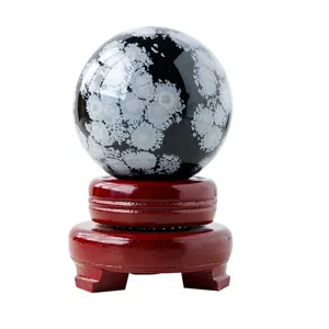 Natural snowflake obsidian crystal sphere stone with wooden base desktop decor ornament.