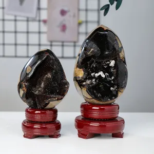 Natürlicher Septarie Stein Dinosaurier Ei Druse Ornament Mit Holzsockel Kristall Mineralien Exemplar Polierter Stein Wohnkultur Heilstein Geschenk