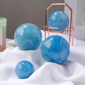 Esfera de Cristal de Aguamarina Natural Pulido Esfera de Cristal Azul Feng Shui Hogar Oficina Mesa Decoración Ornamentos Con Soporte