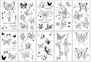Black and white butterfly temporary tattoo stickers set, chic minimalist body art design.