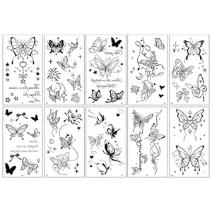 Black and white butterfly temporary tattoo stickers set, minimalist line art body art.