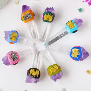 Natural clear quartz crystal wand with colorful clay and owl decor for home decor and gifts.