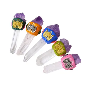Natural quartz crystal wand set featuring colorful clay wraps and detailed owl metal charms for decor.