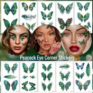 Adesivi per Tatuaggi Temporanei per Viso Farfalla Pavone Glitterati Decalcomanie per Trucco d'Arte Corporea Brillanti Feste