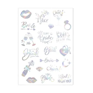 Holographic bridal temporary tattoo sheet for bachelorette party, team bride metallic stickers.
