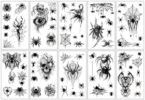 Detailed close-up of Halloween temporary tattoo sheets featuring dark spiders and skull designs.